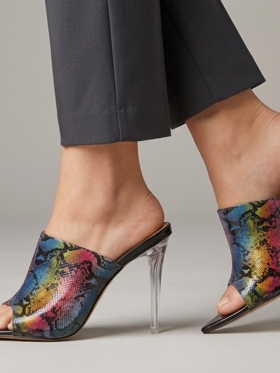 Shoes - So Me Clear Heel Mule Sandals with Multicolor Snake Print Size 8
